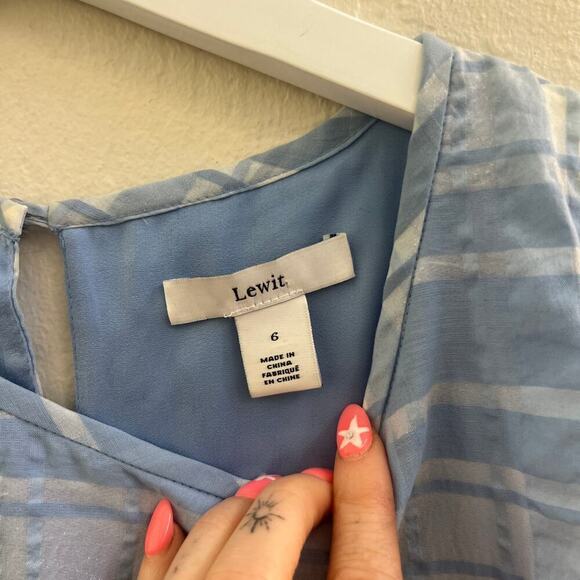 Lewit $368 Sheer Check Handkerchief Hem Midi Dress Blue - Picture 5 of 5